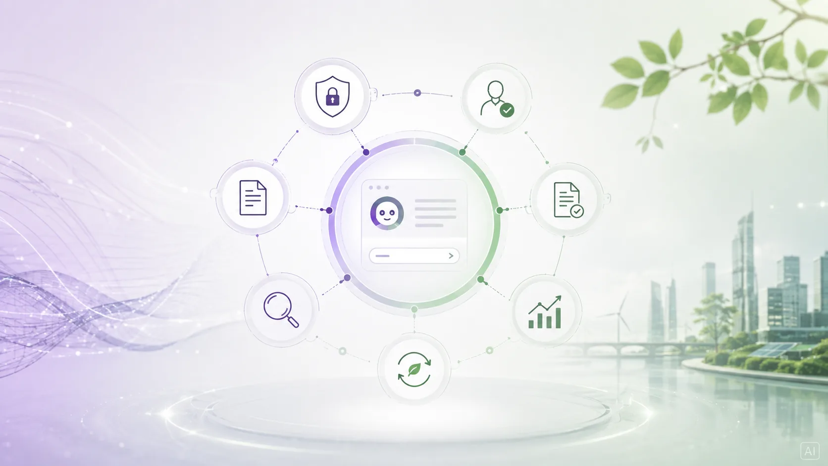 A conversational interface at the centre of icons representing data protection, human review, documentation, oversight and continuous improvement.