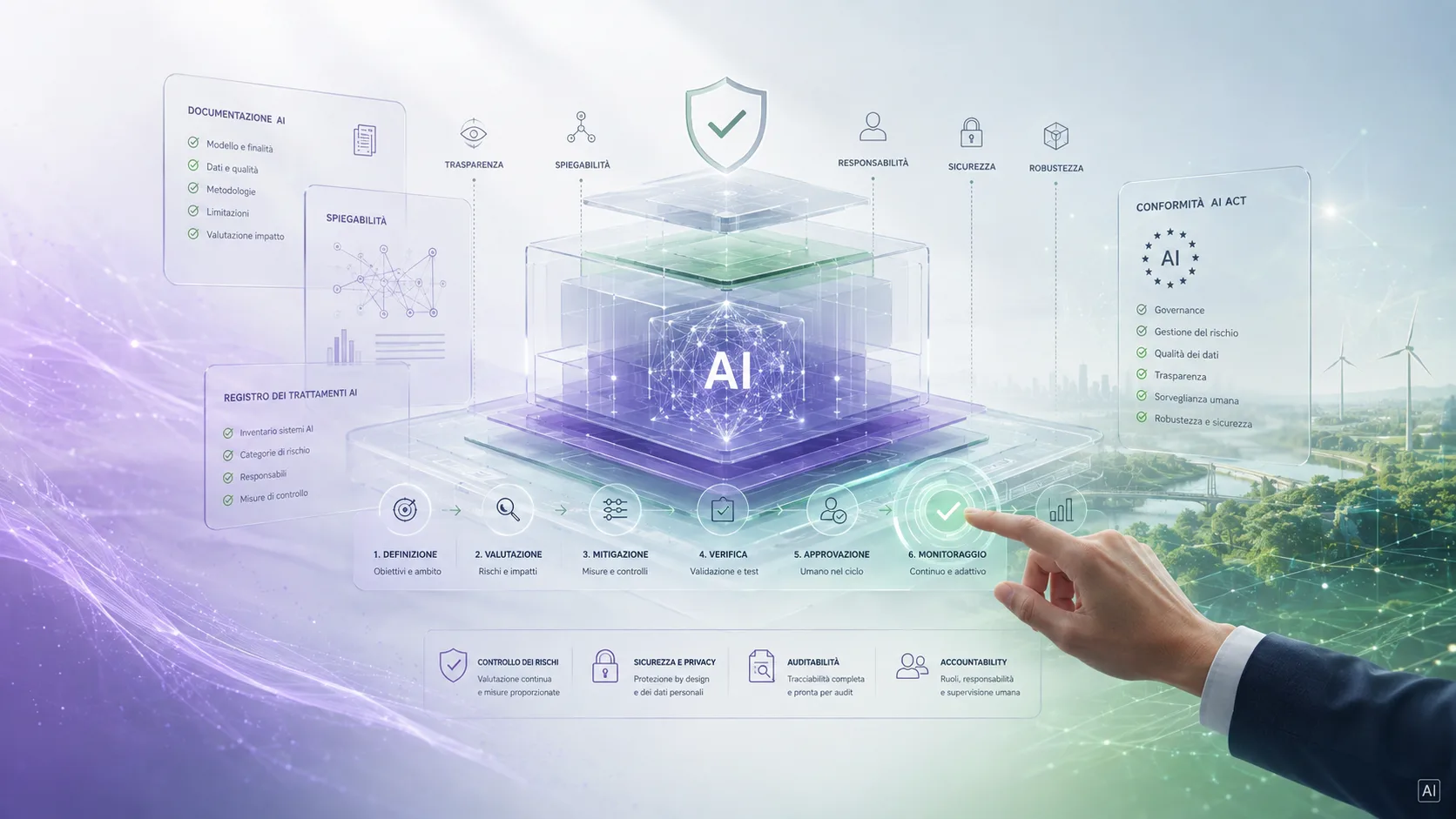 Diagram of the governance of an AI system under the AI Act: documentation, record of processing, compliance, and the cycle of definition, assessment, mitigation, verification, approval and monitoring.