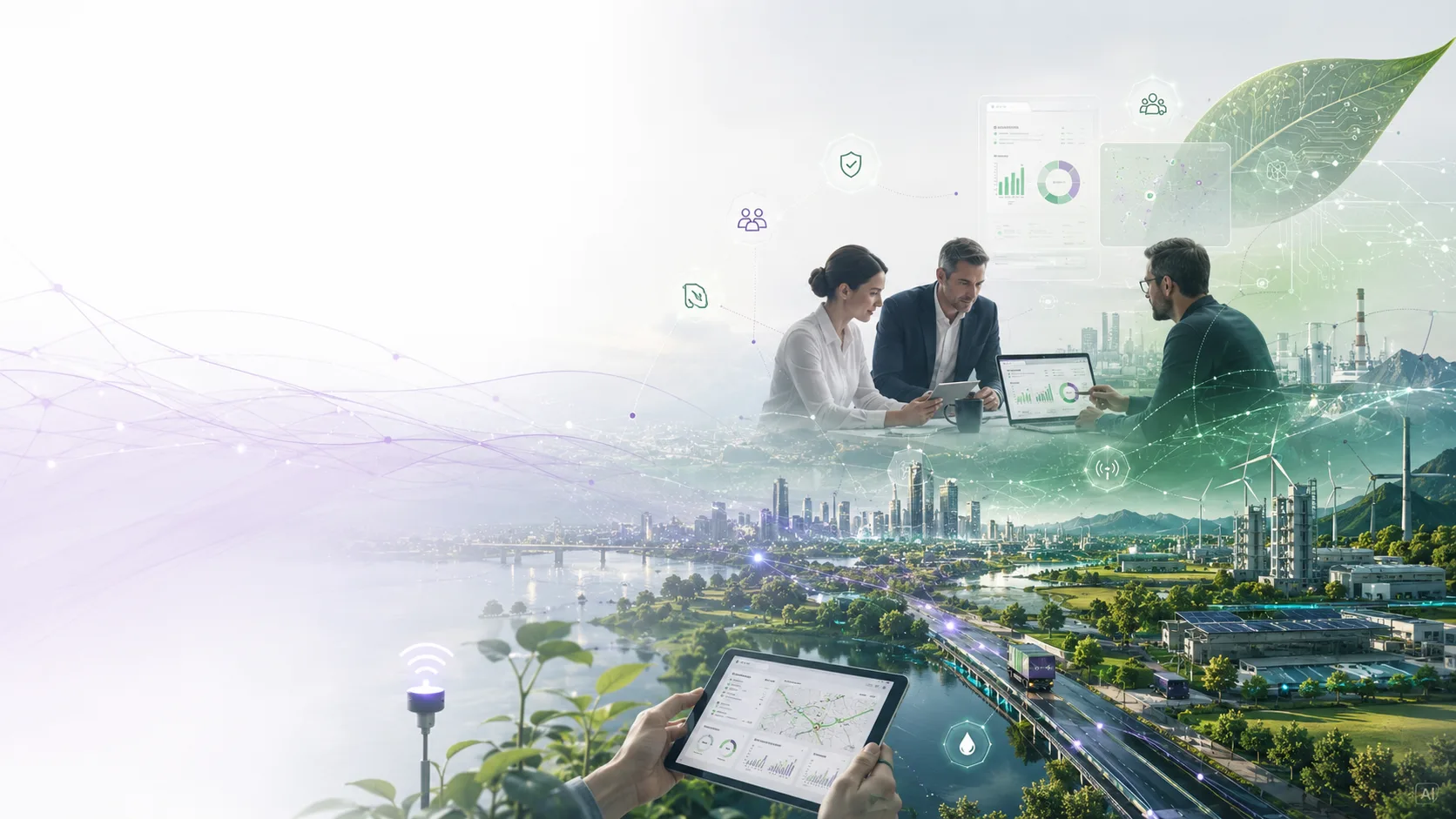 People working on sustainability dashboards above a landscape with wind turbines, solar panels, a river and an industrial plant: data, sensors and indicators supporting ESG objectives.