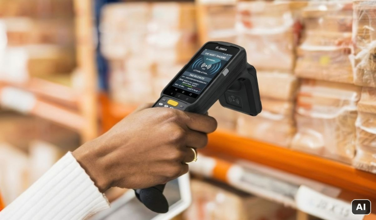Inventario RFID: operatore legge le etichette RFID con il terminale palmare Zebra in un magazzino